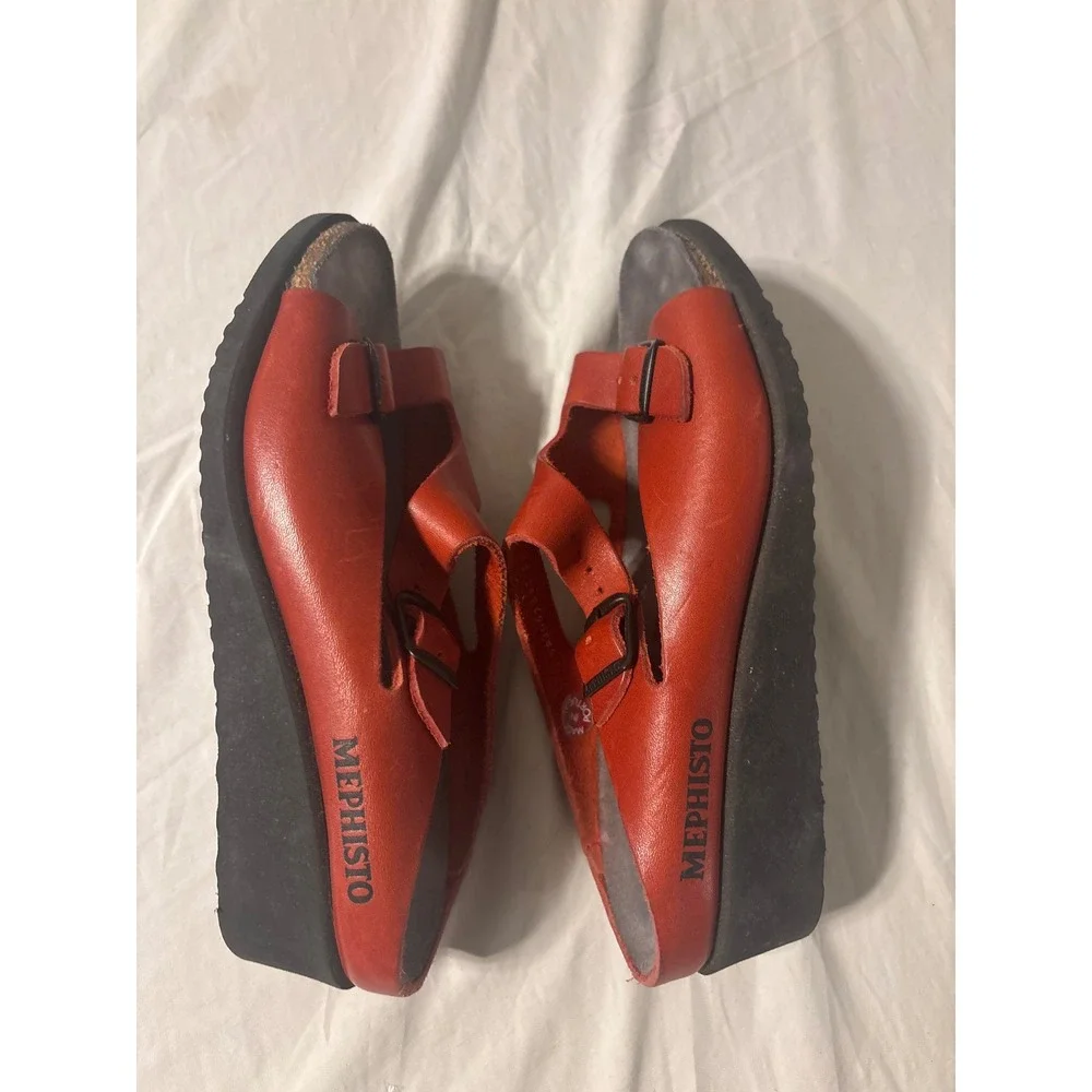 Mephisto Wedge Sandals Womens 38 Red Leather Buckle Slide Excellent Comfort